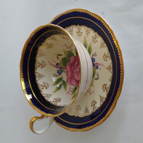 Aynsley Other - Aynsley Bone China Cobalt Blue & Gold Pink Cabbage Rose Teacup & Saucer C894